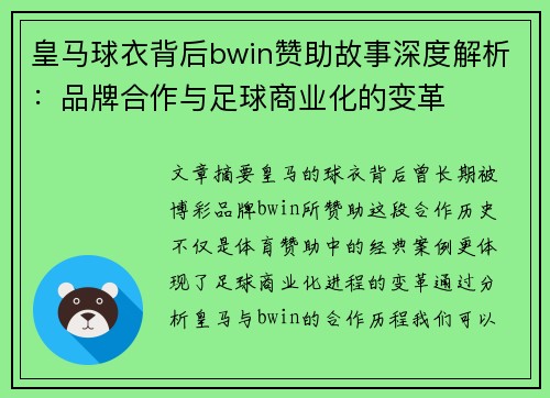 皇马球衣背后bwin赞助故事深度解析：品牌合作与足球商业化的变革